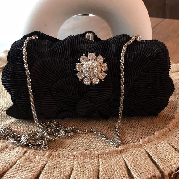 LORREN BELL LAYERED JEWELED HARD CLUTCH BLACK FORMAL WEDDING PROM FEMININE PURSE - Picture 3 of 9